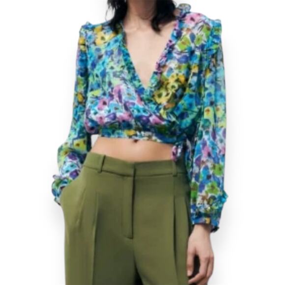 Zara Floral Ruffle Wrap Blouse Long Sleeve Sheer Tie Front Crop Top Boho Sz L - Picture 2 of 9
